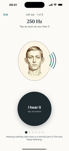 Hearing test screen with an illustrated ear and a large tap button